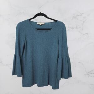 Ann Taylor LOFT Teal Blue Ruffle Sleeve Sweater Top Italian Yarn Medium